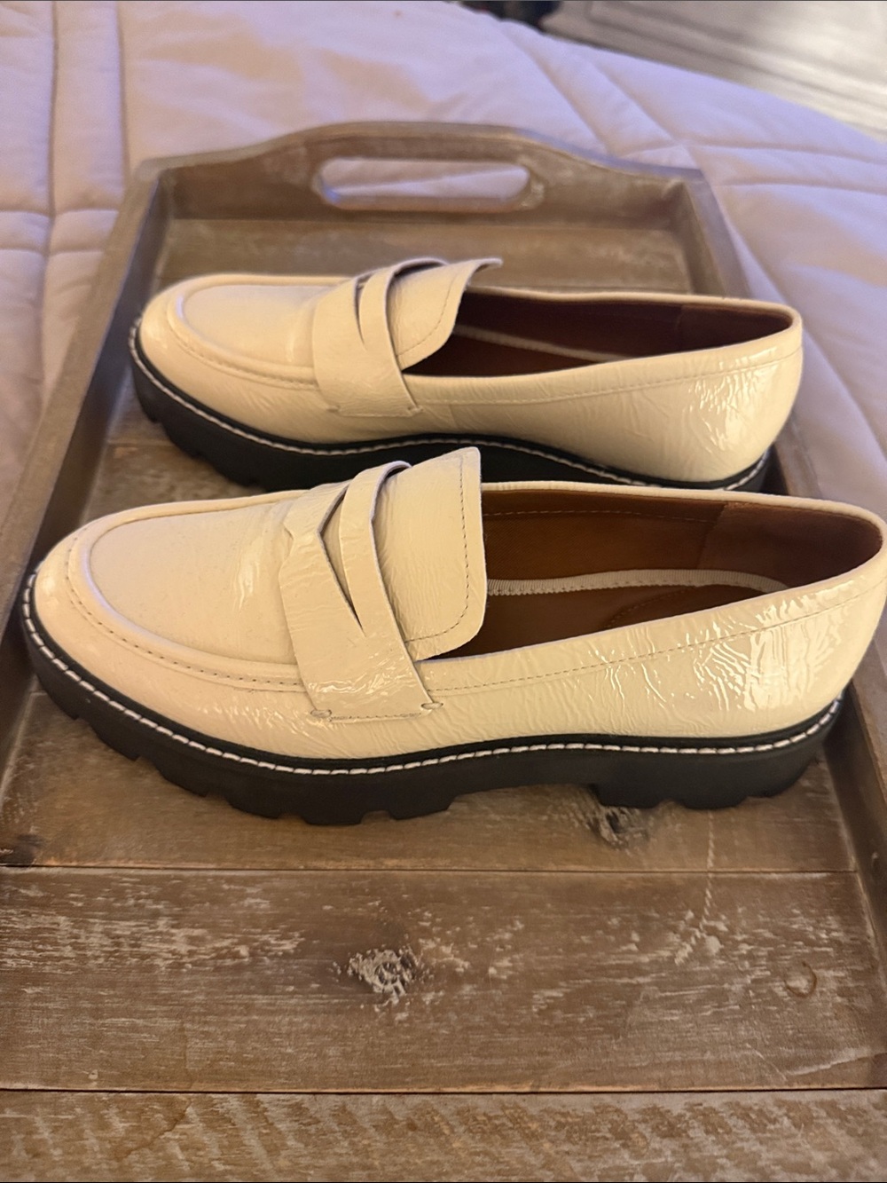 Franco Sarto Cream Patent Leather Lug Sole Loafers